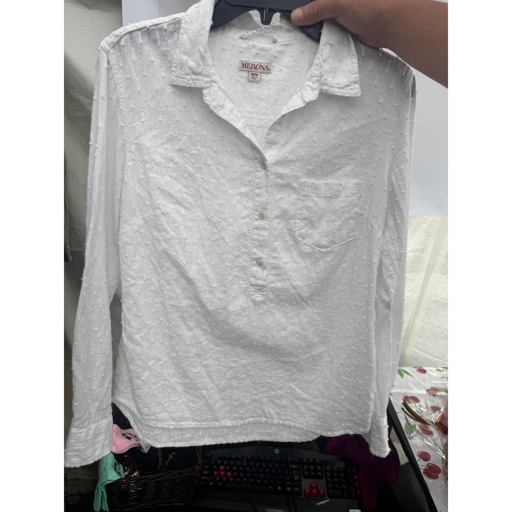 Merona White Long Sleeve Clipped Dot Cotton Blouse Medium